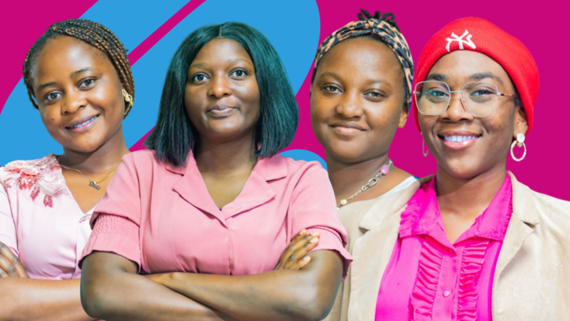 Four diverse women standing confidently with arms crossed or relaxed, against a vibrant pink and blue background.