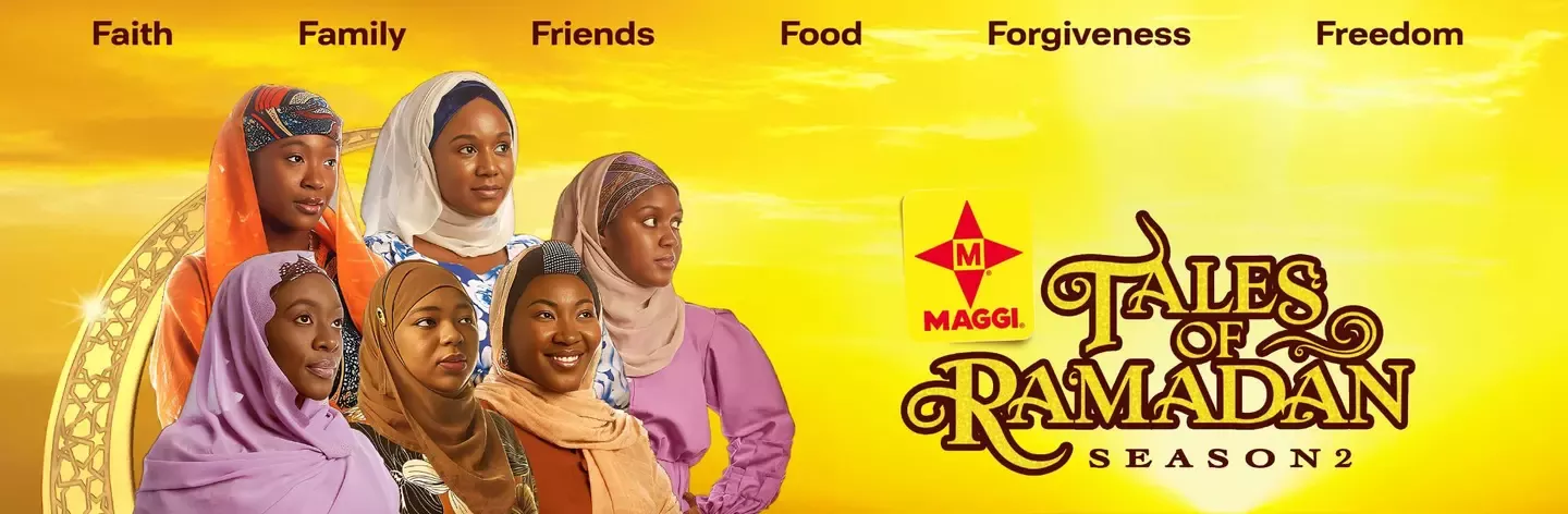 A group of women in colorful traditional attire poses against a sunset backdrop, promoting "Tales of Ramadan Season 2."
