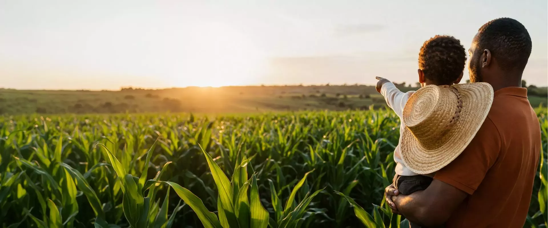 A man holding a child pointing towards the sunset over a green cornfield.