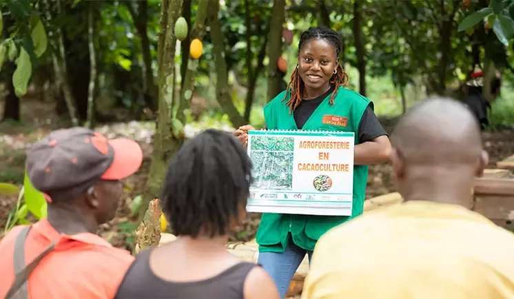 Trainer presenting agroforestry cocoa farming guide