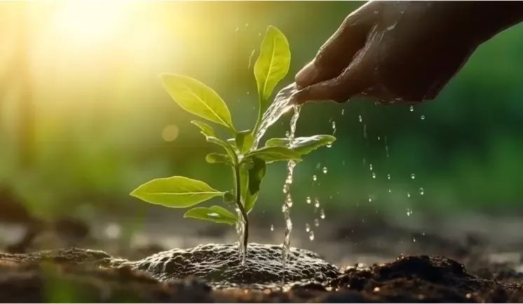 A hand pours water onto a young green seedling growing in sunlit soil.