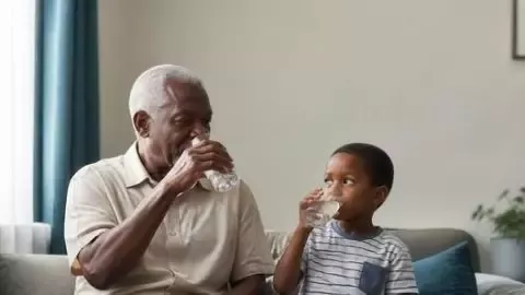 Child drinking water from a glass while sitting with an older adult at home