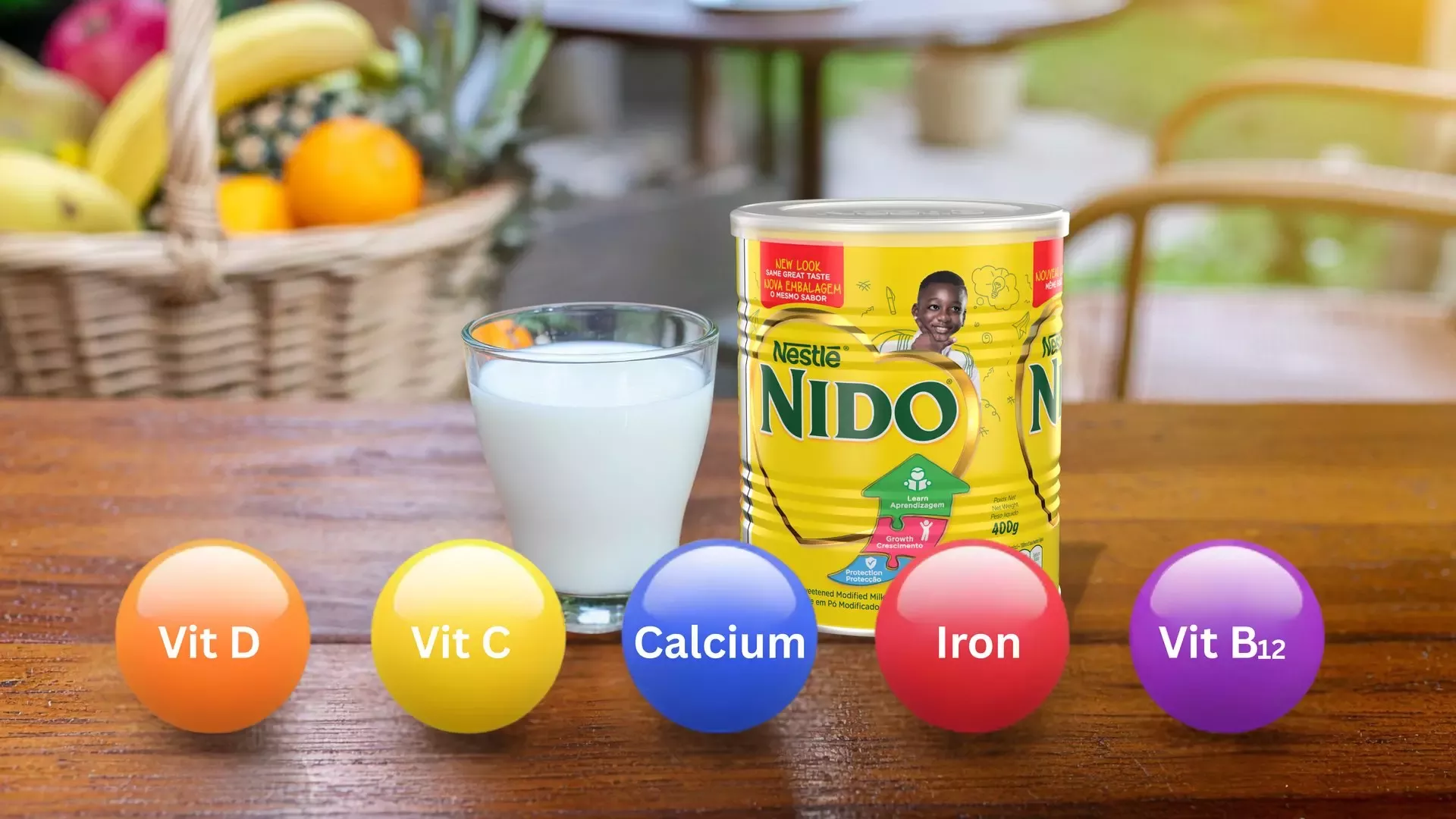 A can of Nestlé Nido milk powder next to a glass of milk, with colorful labels indicating Vitamin D, C, Calcium, Iron, and Vitamin B12