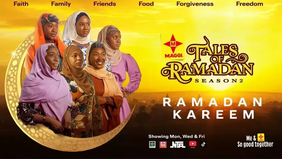 A group of women in colorful traditional attire poses against a sunset backdrop, promoting "Tales of Ramadan Season 2."