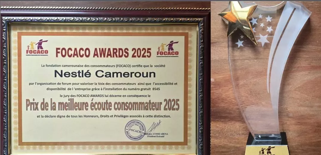 FOCACO Awards 2025 certificate and star-shaped trophy awarded to Nestlé Cameroun for best consumer listening.
