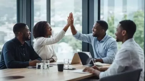 Diverse business team in meeting room giving a high-five, collaborating with laptops and documents on table, city views outside.