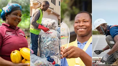 Diverse workers in food, recycling, and energy