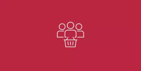 White line icon of three people above a shopping basket on a dark red background.