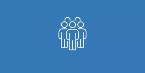 White outline icon of three people grouped together on a blue background.