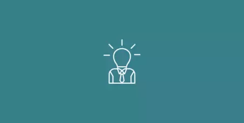 White line icon of a person wearing a suit with a lightbulb for a head, centered on a teal background.